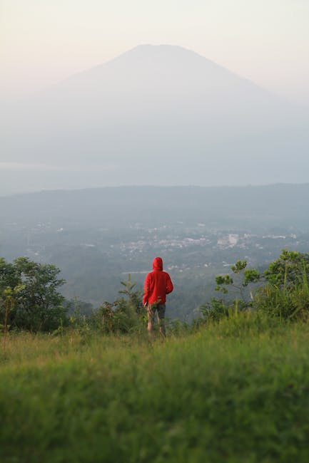 Calm man standing on a viewpoint overlooking a misty mountain landscape